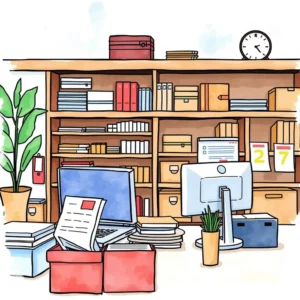 A modern office scene featuring a desk with computers, paperwork, and organized supplies for order management.