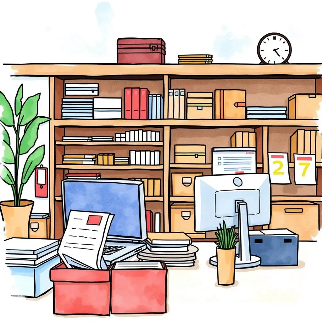 Office supply order generator: Automate creation of supply orders 1 A modern office scene featuring a desk with computers, paperwork, and organized supplies for order management.
