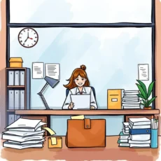 Office supply coordinator managing supply requests in a busy workspace.