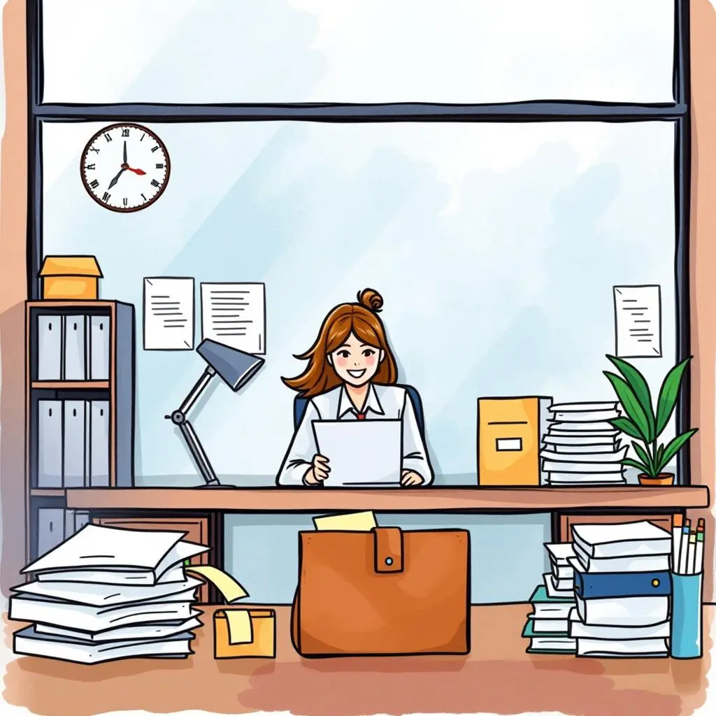 Order approval prompt: Create quick approval drafts for supply requests 1 Office supply coordinator managing supply requests in a busy workspace.