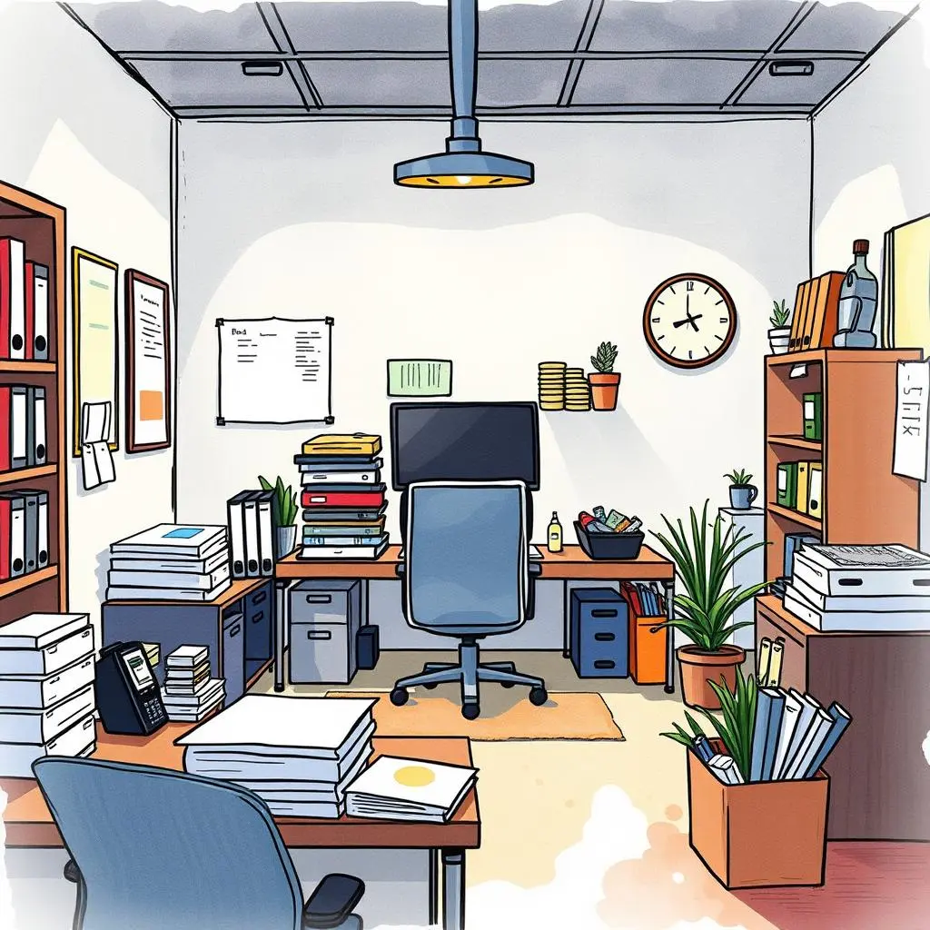 Procurement needs advisor: Guide office supply purchasing decisions 1 A well-organized office space featuring a desk with supplies and a computer for procurement needs management.
