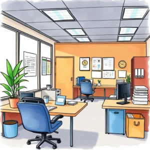 Office workspace featuring organized desks, computer stations, and greenery facilitating efficient supplies management