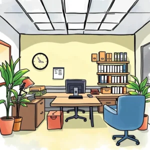 Office space with a desk, computer, and storage for managing supplies and resources.