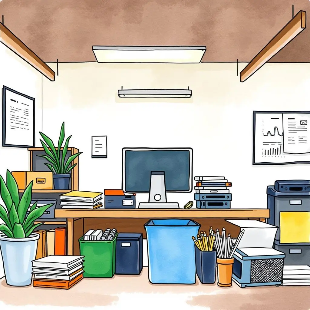 Supply needs assessment tool: Evaluate and analyze office supply requirements 1 An organized office workspace showcasing various office supply storage solutions.