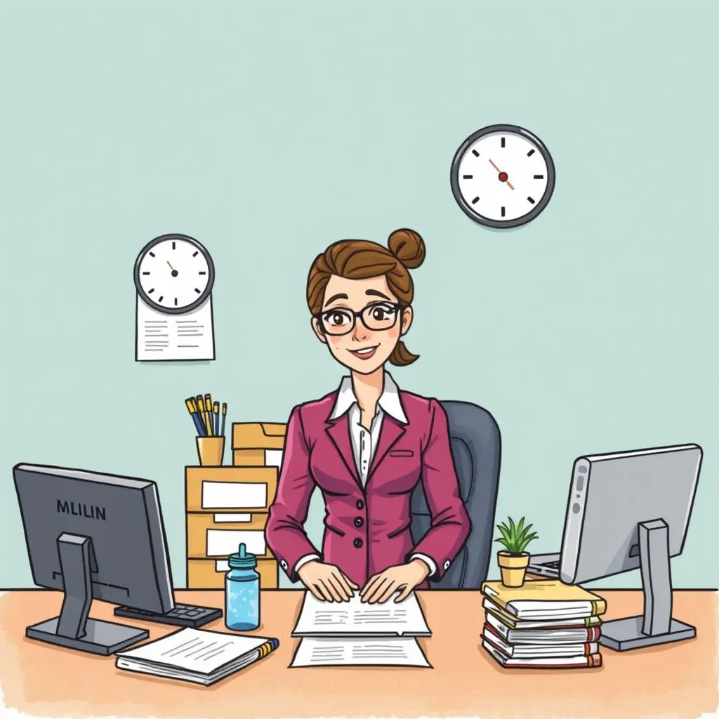 Supply needs summary generator: Summarize supply requirements efficiently 1 Professional woman at desk, managing office supplies and documents.