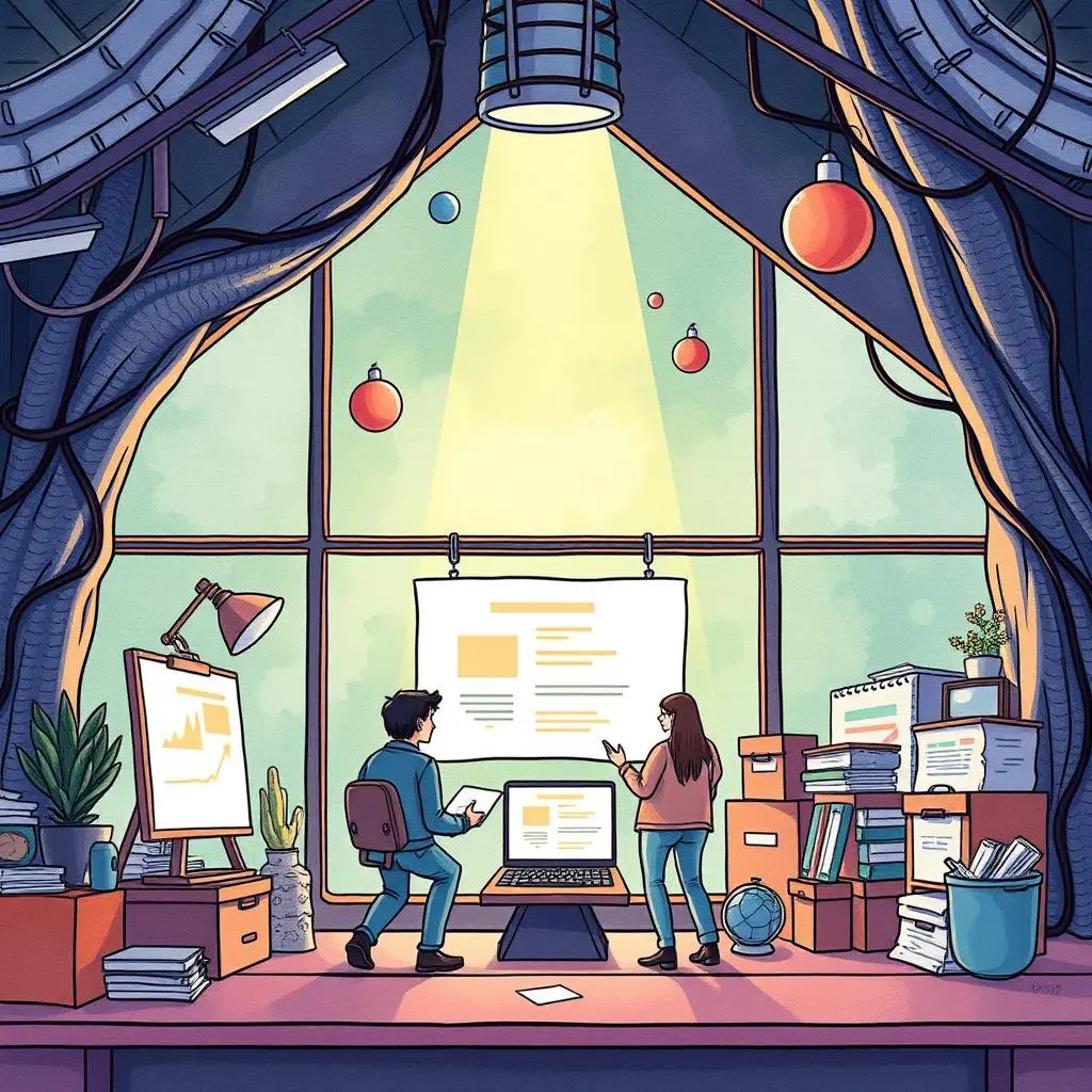 Competitor activity notifier: Summarize competitor movements and updates 1 A modern office scene with two professionals discussing data displayed on a computer and documents.