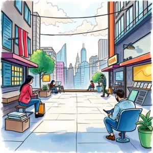 A vibrant urban scene showing professionals analyzing data outdoors, reflecting market insights for business strategy.