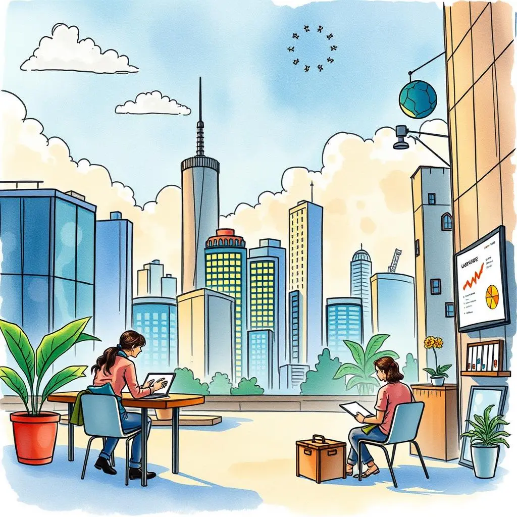 Market gap detector: Identify gaps in market data submissions 1 A vibrant cityscape with two analysts working on market research in a corporate environment.