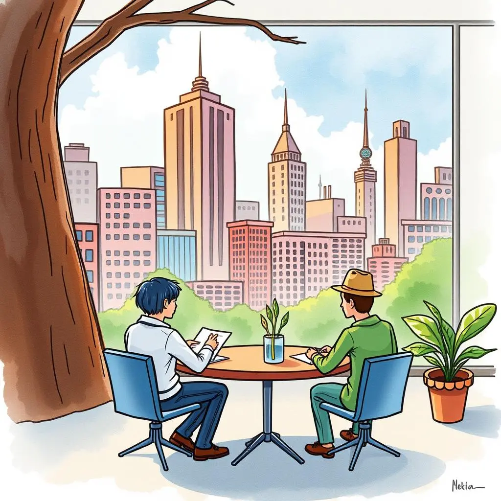 Market share analysis generator: Summarize market share distribution among competitors 1 Two analysts discussing market share analysis with a city skyline view.