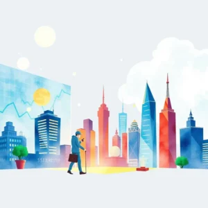Business analyst walking towards a vibrant city skyline with market data.