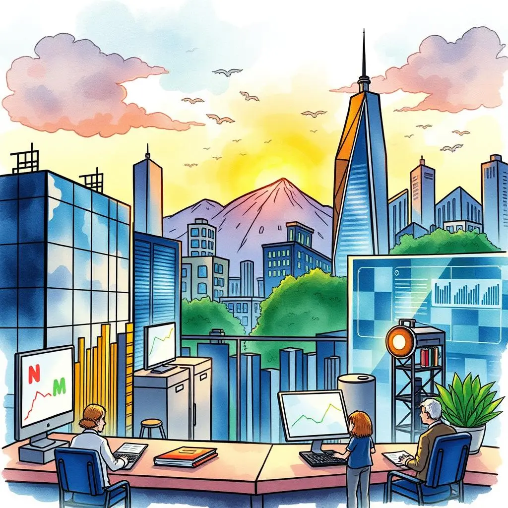 Market trend analyzer: Generate insights from market data inputs 1 Analysts examining market trends with data visualizations in an urban setting.