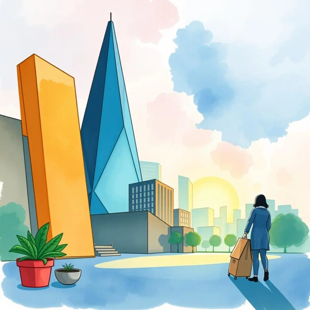 A business professional walking towards modern skyscrapers at sunrise, symbolizing growth.