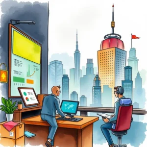 A corporate strategy team analyzes risk data with a city skyline view from their office.