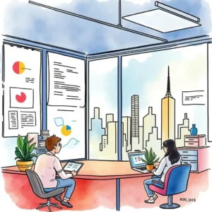 Stakeholder Sentiment Analyzer in a modern office with analysts reviewing data insights and city skyline view