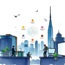 Illustration of urban analysts using a strategic insight generator tool.