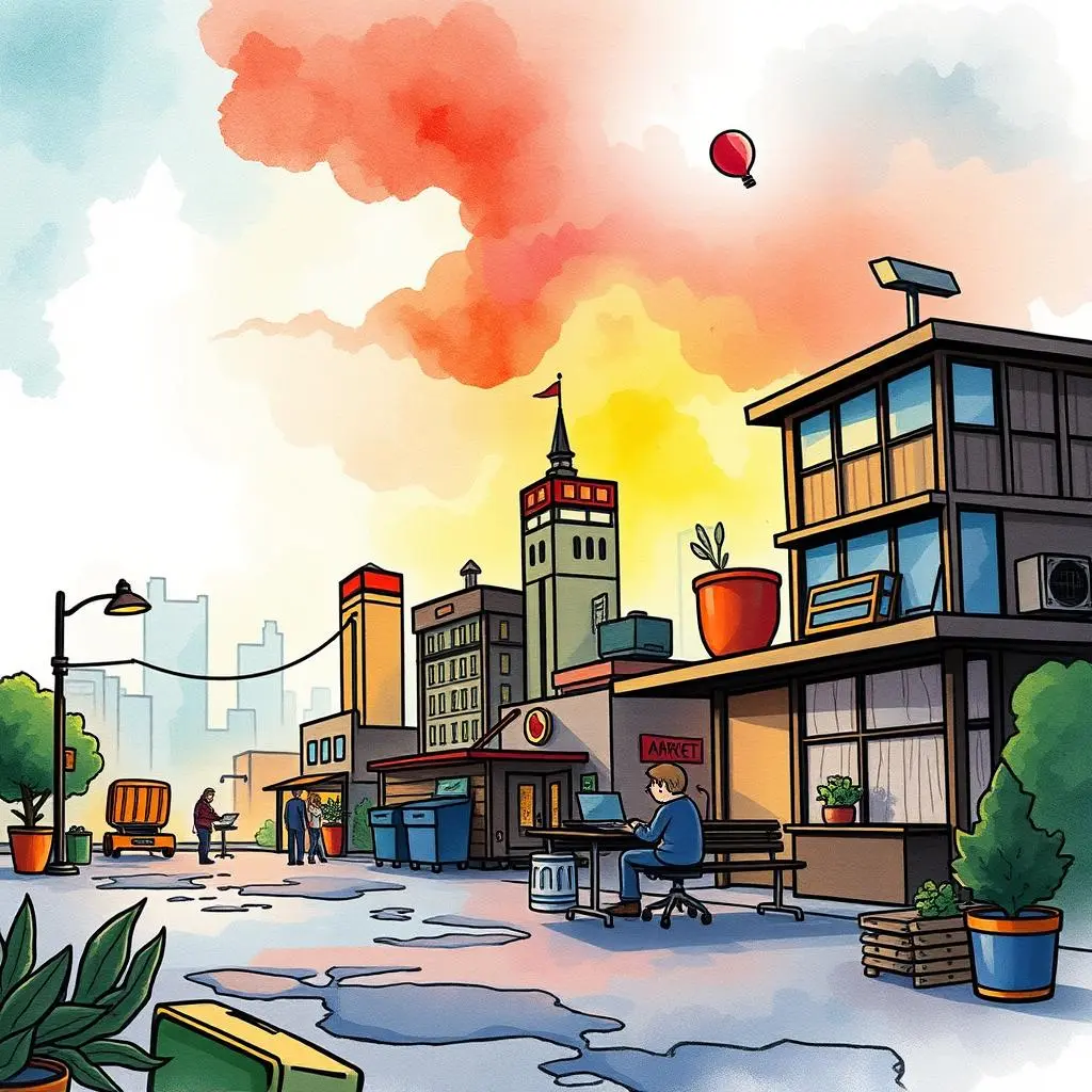 A colorful urban scene depicting a person working on a laptop outside in a city environment.