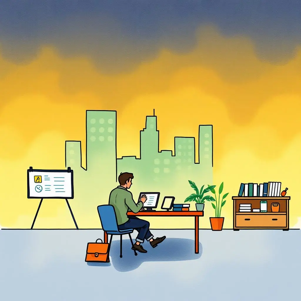 Value proposition clarifier: Clarify value proposition against costs 1 Person analyzing market data in an office with a city skyline backdrop.