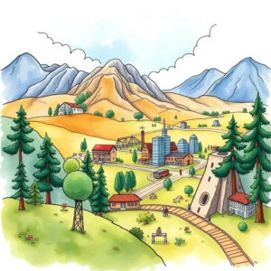 A vibrant illustrated landscape showcasing diverse buildings and natural elements for analysis.
