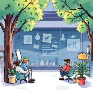 Professionals analyzing consumer sentiment in a collaborative, nature-inspired workspace.