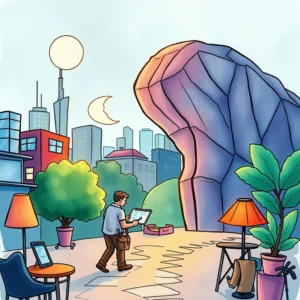 A creative professional using a tablet in a modern outdoor setting to design engagement surveys