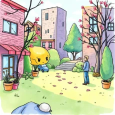 A cheerful cartoon character representing the Feedback Enhancer tool engages with a user in a vibrant outdoor setting