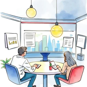 Two colleagues analyzing focus group data in a modern office setting with city view.