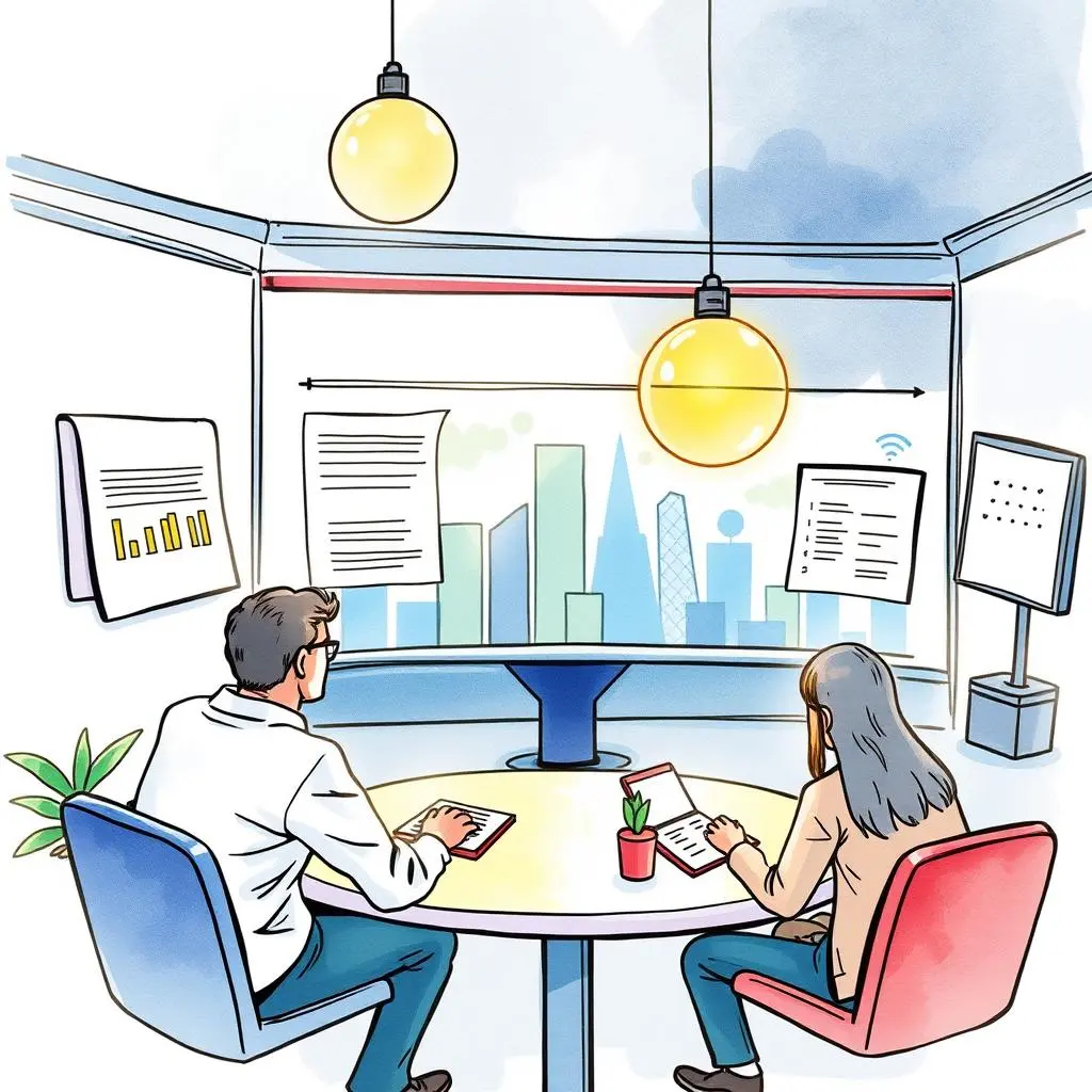 Insight aggregator: Collect and synthesize focus group findings 1 Two colleagues analyzing focus group data in a modern office setting with city view.