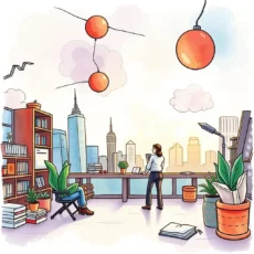 A modern office space with city skyline, designed for creative ideation in research and development.