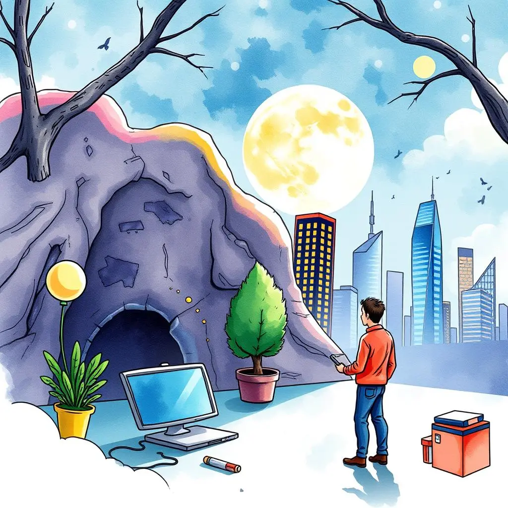 Market trend inspector: Inspect and summarize emerging market trends 1 A person stands in front of a cave, exploring the contrast between nature and a cityscape.