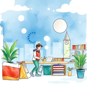 A young boy standing by a desk, writing notes while surrounded by books and plants.
