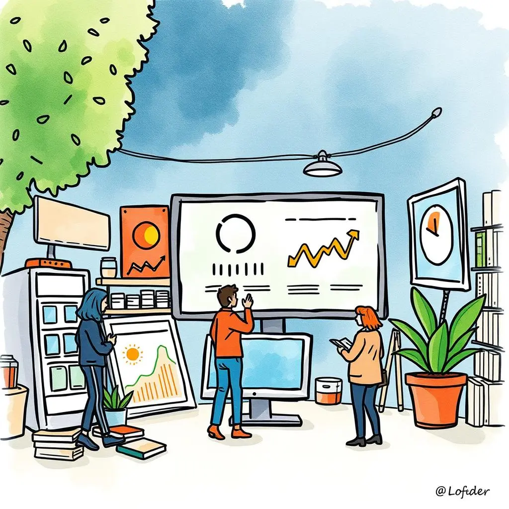 Sentiment trend tracker: Analyze sentiments in market conversations 1 Team analyzing market sentiment trends using digital visualizations and graphs.