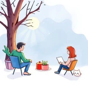 A relaxed outdoor scene featuring two people discussing topics related to survey completion.
