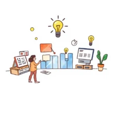 A woman interacts with a vibrant workspace featuring lightbulbs, digital tools, and documents.