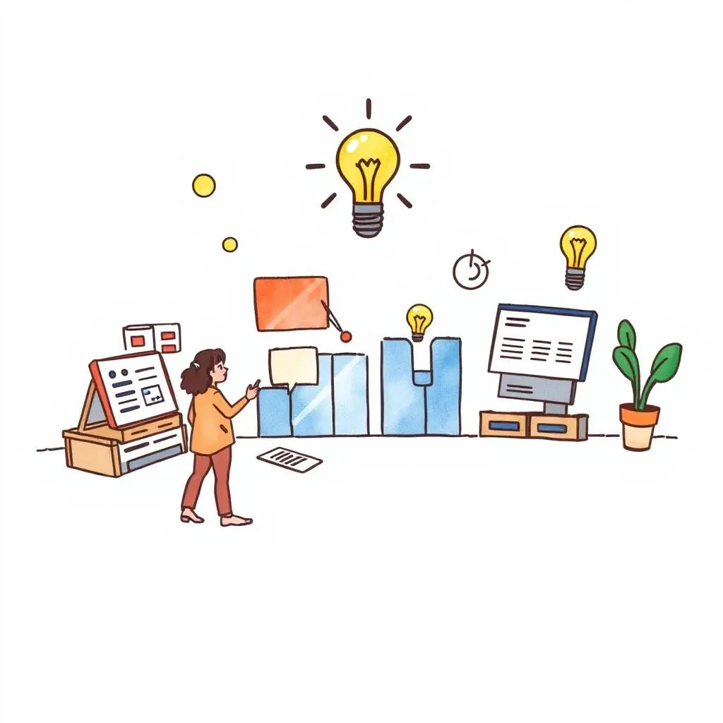 Survey text generator: Create question sets for market analysis 1 A woman interacts with a vibrant workspace featuring lightbulbs, digital tools, and documents.