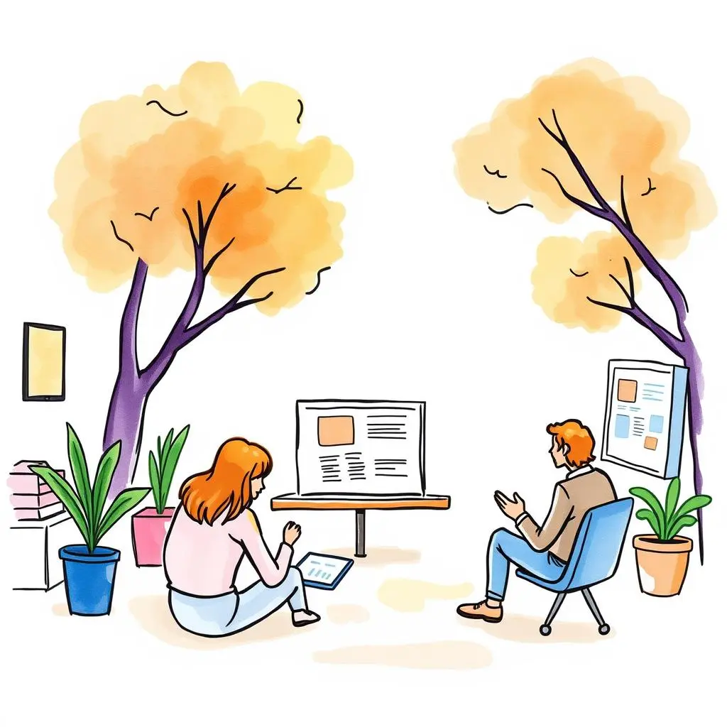 User experience evaluator: Assess and summarize user experience feedback 1 Two professionals reviewing user experience feedback in a tranquil setting.