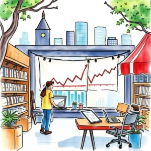 A market analyst examines data trends using a laptop in a modern workspace with charts.