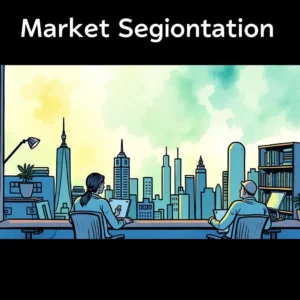 Market Trend Explorer tool showcasing two analysts discussing market segmentation with a city backdrop.