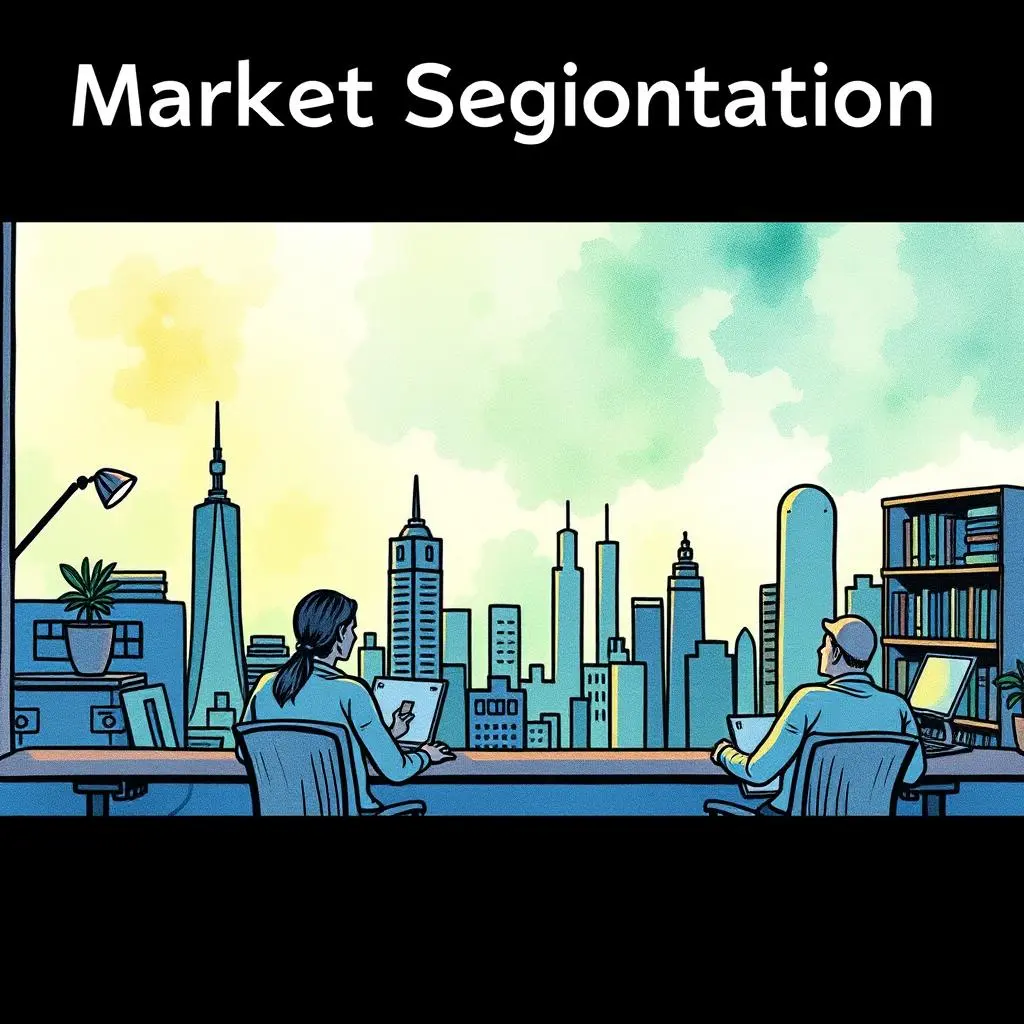 Market trend explorer: Analyze text for insightful market patterns 1 Market Trend Explorer tool showcasing two analysts discussing market segmentation with a city backdrop.