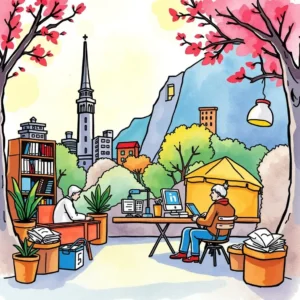 Market Trend Summarizer tool illustrated with users working in a vibrant outdoor setting