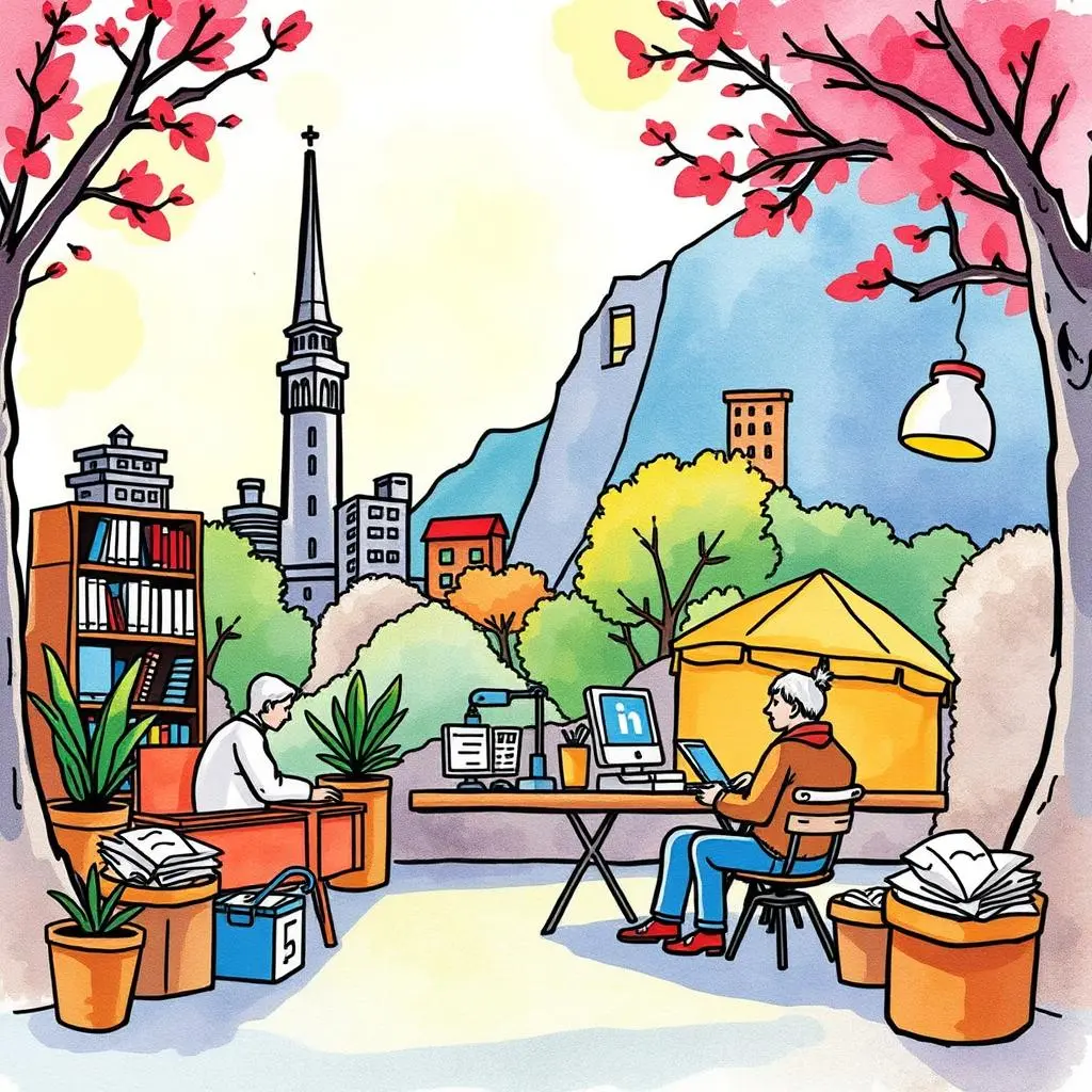 Market trend summarizer: Concisely summarize market trends from input 1 Market Trend Summarizer tool illustrated with users working in a vibrant outdoor setting