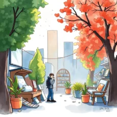 A person exploring a serene urban environment with vibrant autumn trees.
