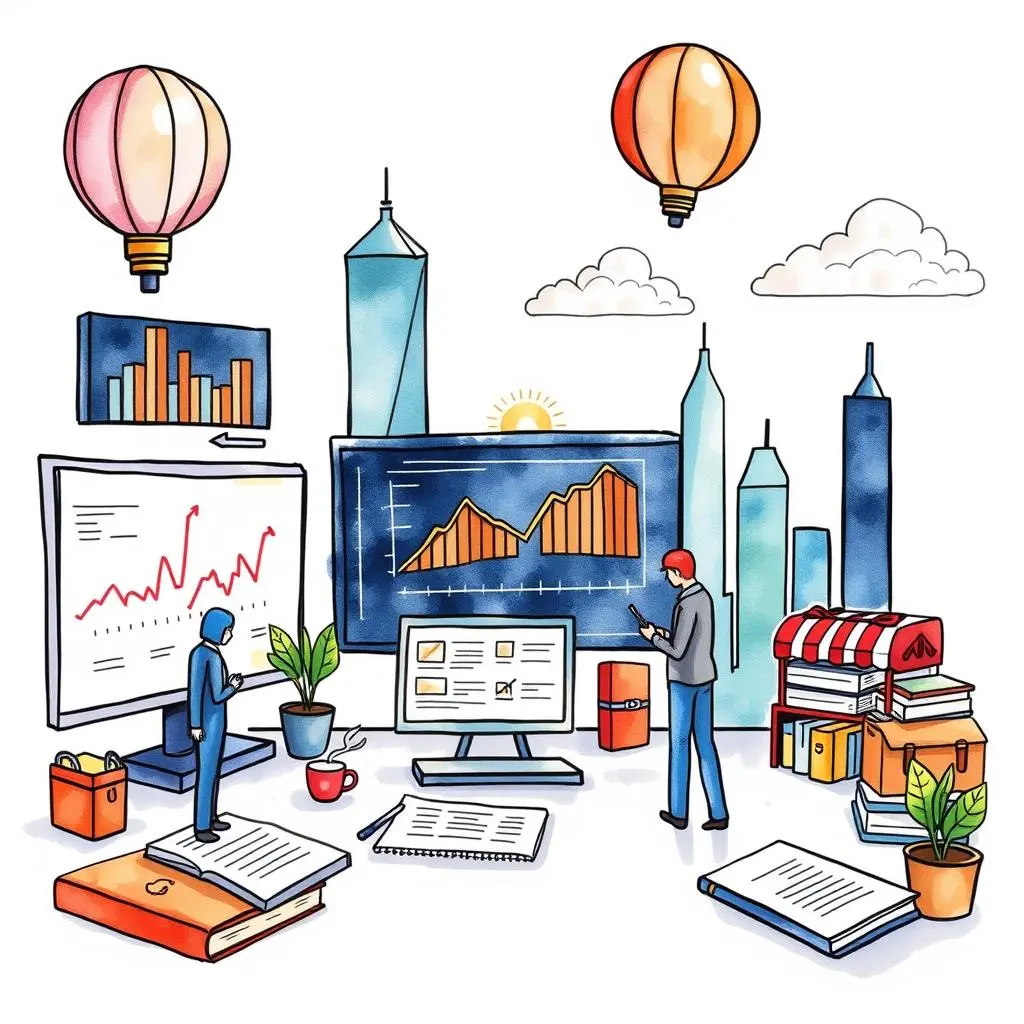 A colorful illustration of market analysts working with data visuals and documents for corporate strategy.