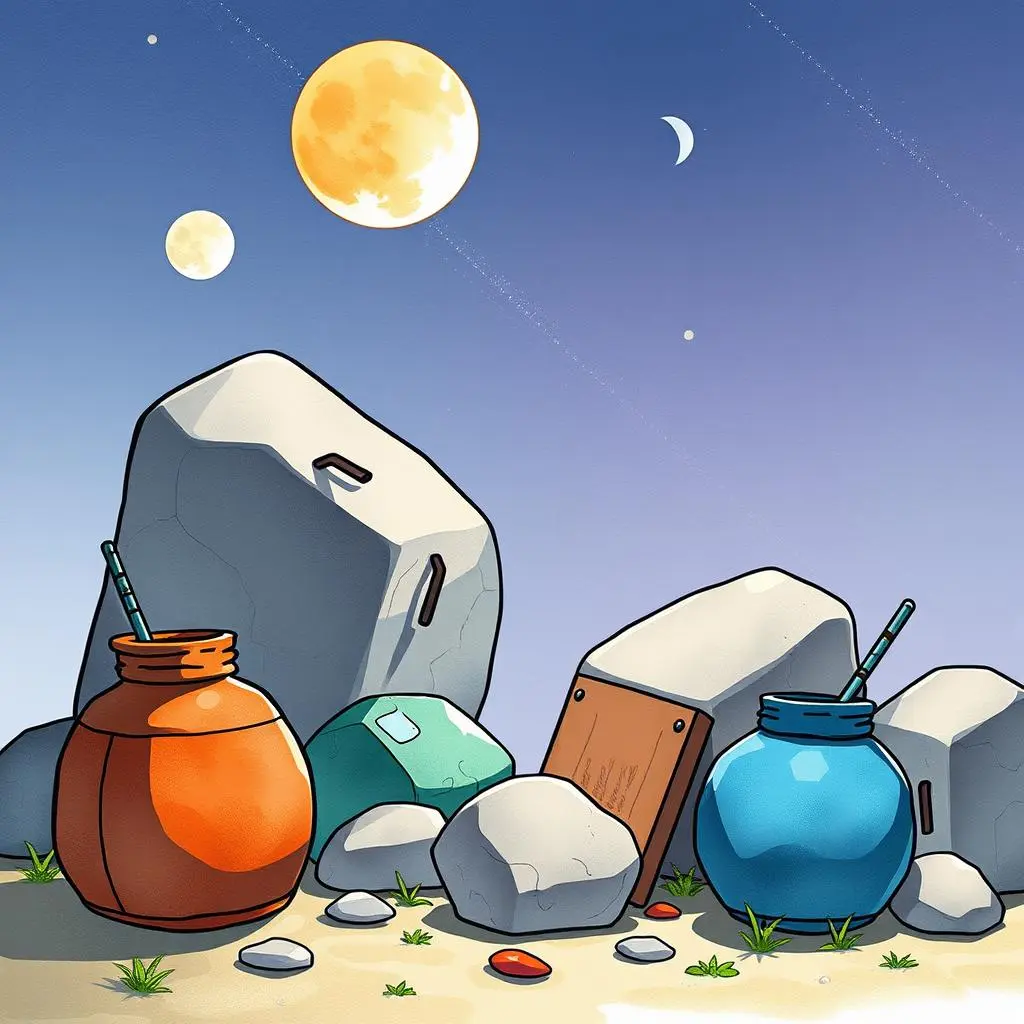Material analysis simplifier: Simplify complex data on material usage and performance 1 Colorful jars and rocks on a sandy surface under a starry sky illustrating material analysis concepts