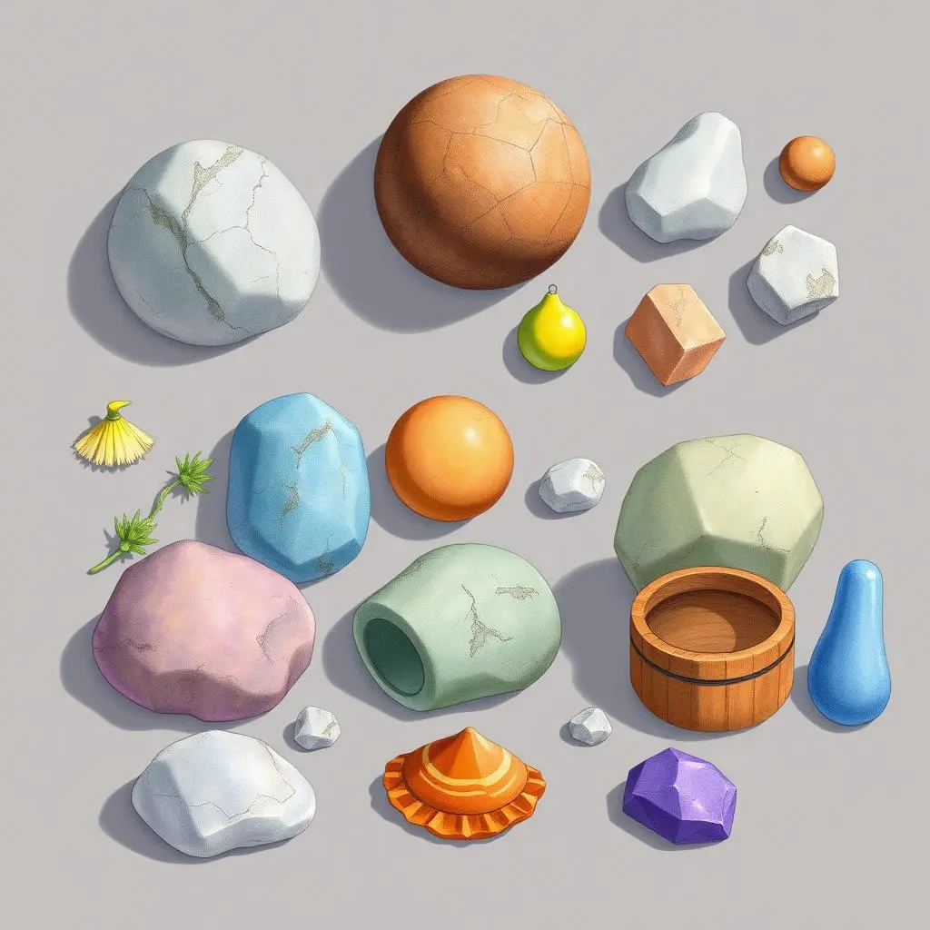 Material selection guide: Provide guidance based on material descriptions provided 1 Various colorful and textured materials, showcasing diverse shapes for material selection.