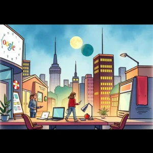 Ad Timing Optimizer illustrated in a bustling cityscape with a woman contemplating ad placements.