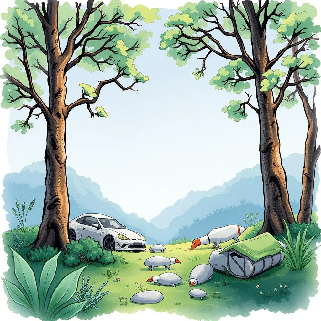 Text encoding converter: Change text format for machine learning models 1 A serene illustration of a car beside rocks and a camping setup in a lush forest