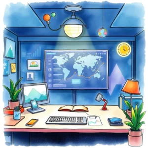 A modern workspace featuring analytics tools and global data visualization.