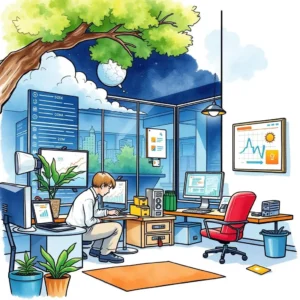Ehs monitoring trend extractor: Extract meaningful trends from data inputs 5 Ehs analyst working in a modern office, analyzing data trends.