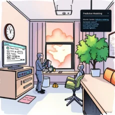 Two professionals discussing predictive modeling in a well-lit office.