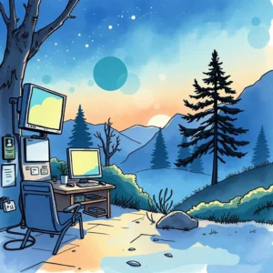 A serene outdoor workspace with computers, mountains, and a sunset backdrop.